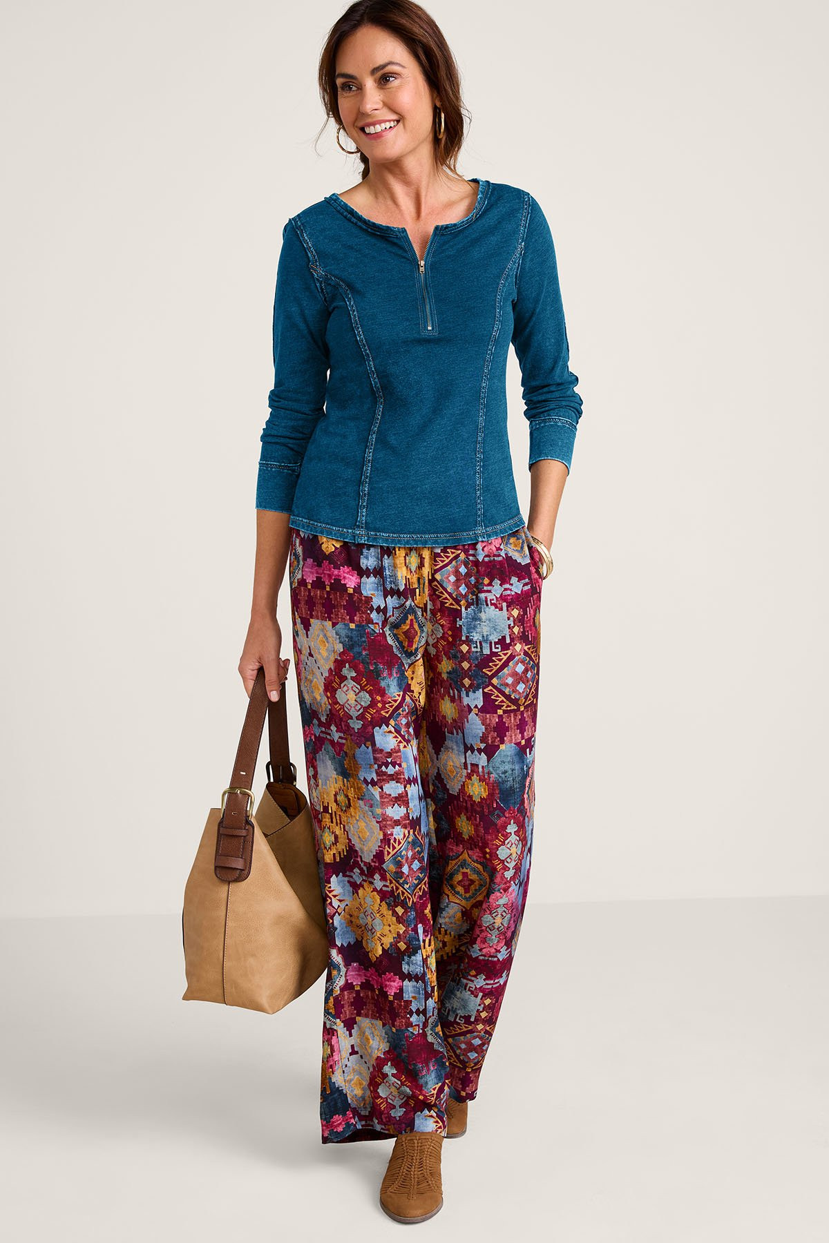 Washed Knit Denim LS Zip Henley Top - thumbnail 3