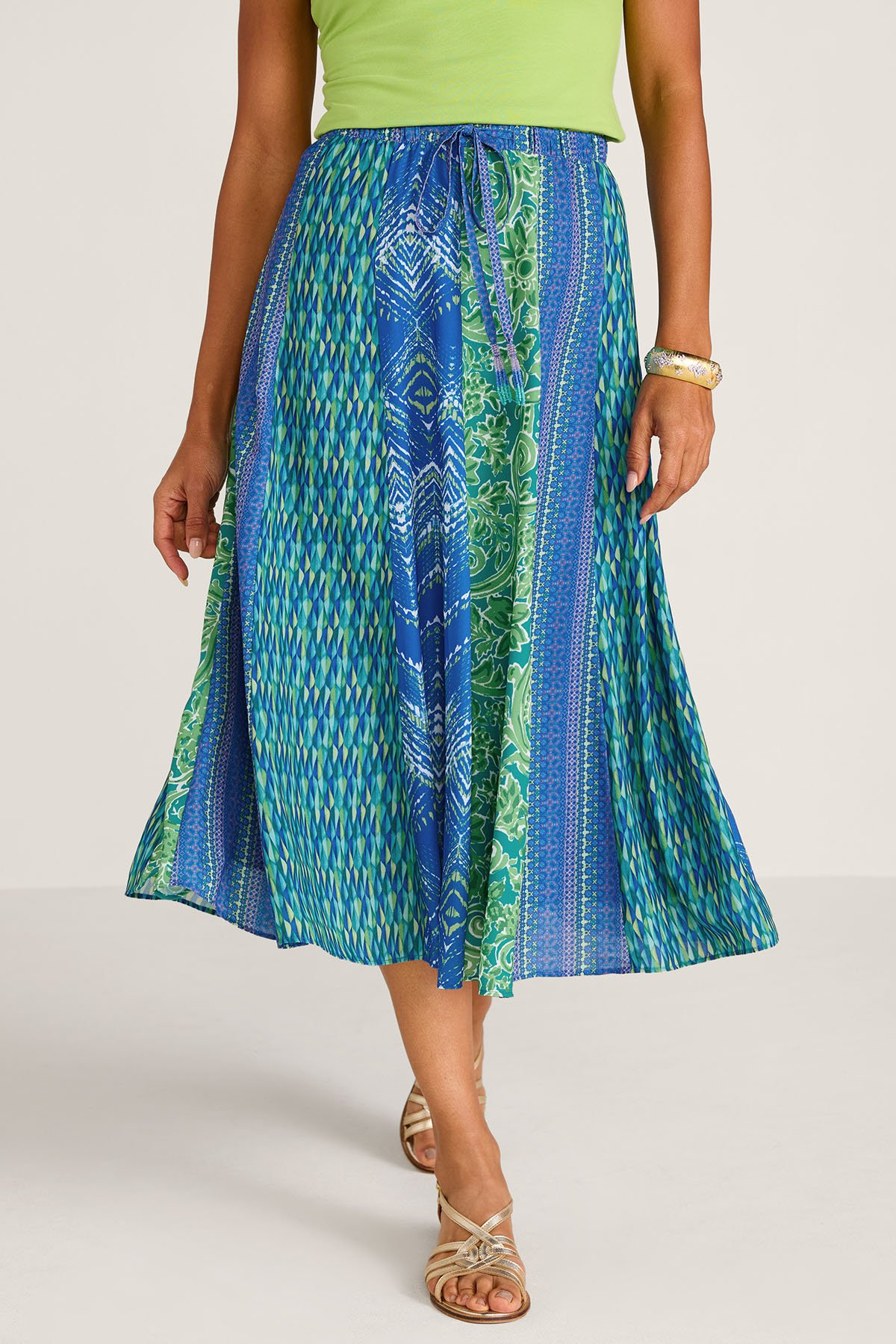 Mixed Print Paneled Pull On Midi Skirt