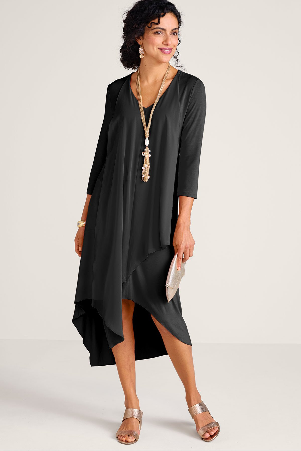 Mixed Media High Low V Neck Midi Dress - thumbnail 4