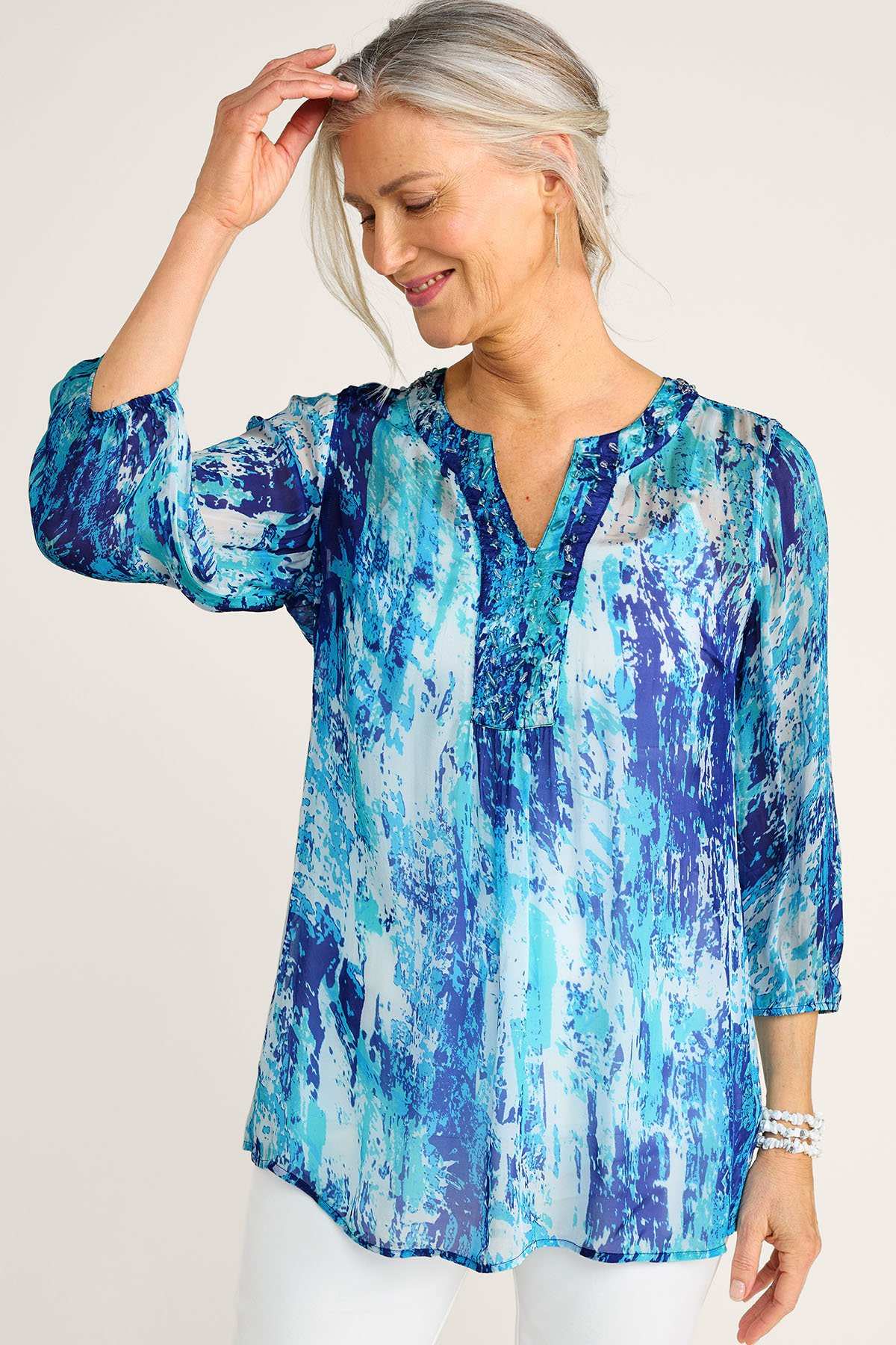 Embellished Abstract Print 3/4 Slv Tunic