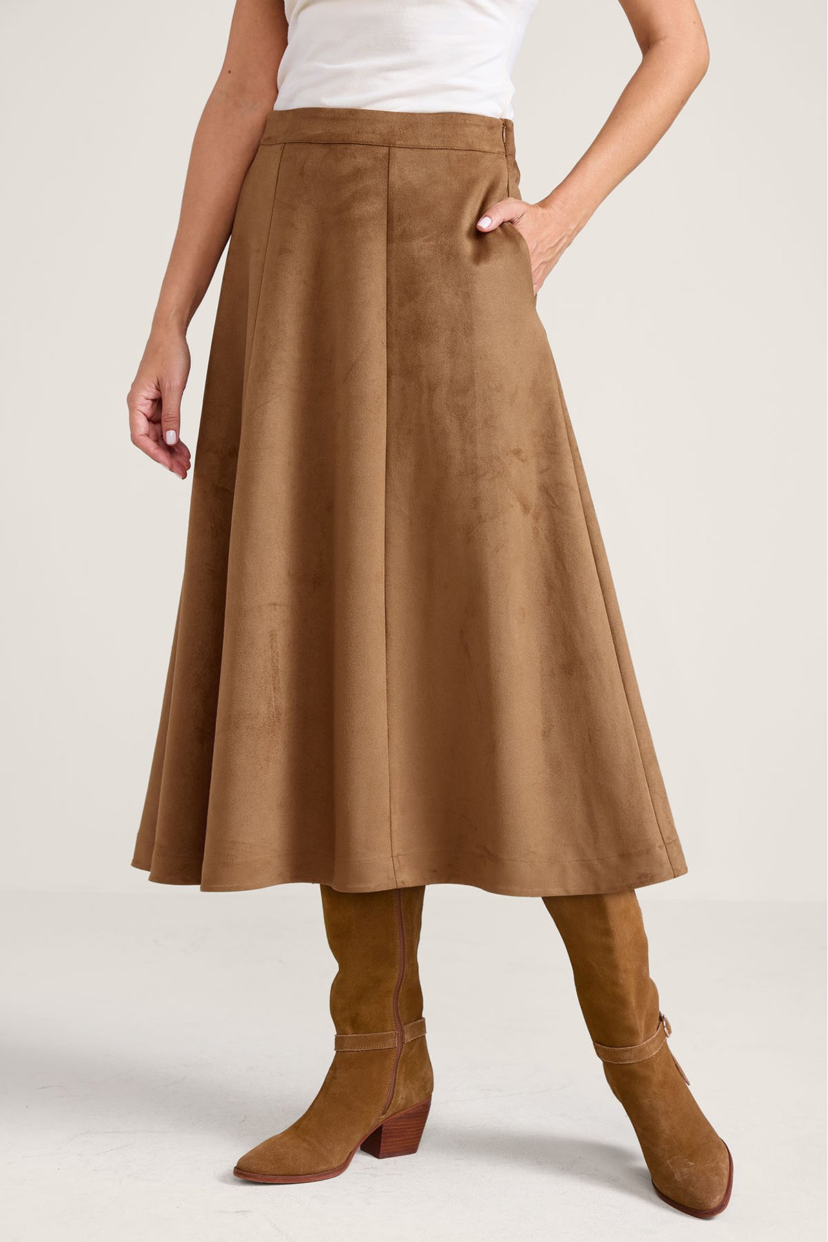Faux Suede Paneled Midi Skirt