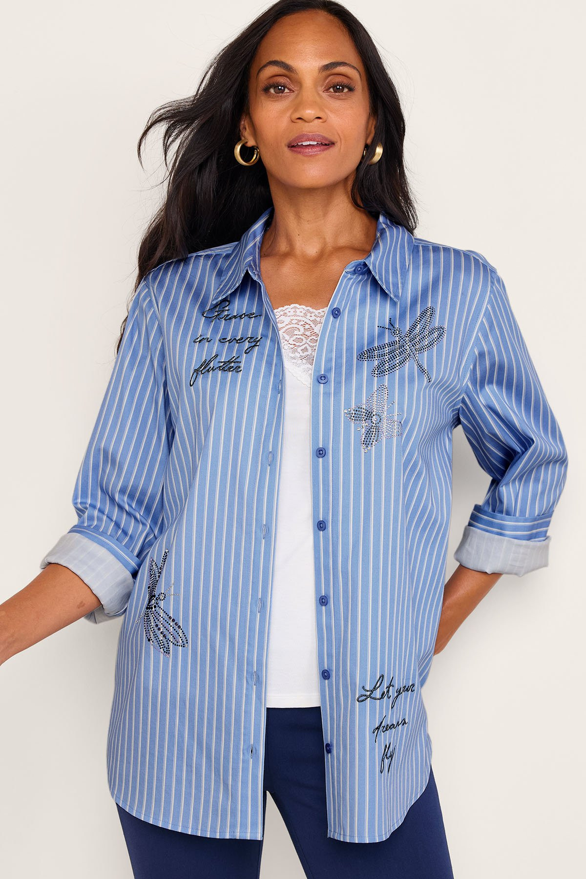 Embellished Striped LS Stretch Big Shirt