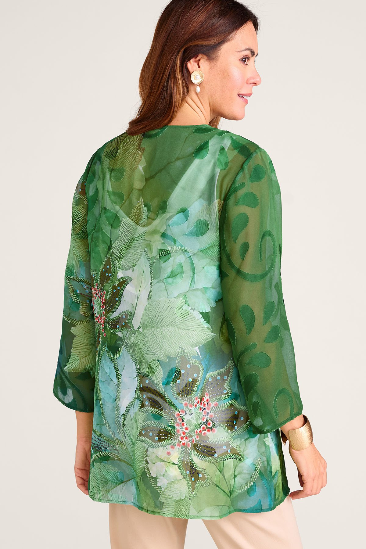 Tropical Chiffon Burnout 3/4 Slv Topper - thumbnail 4