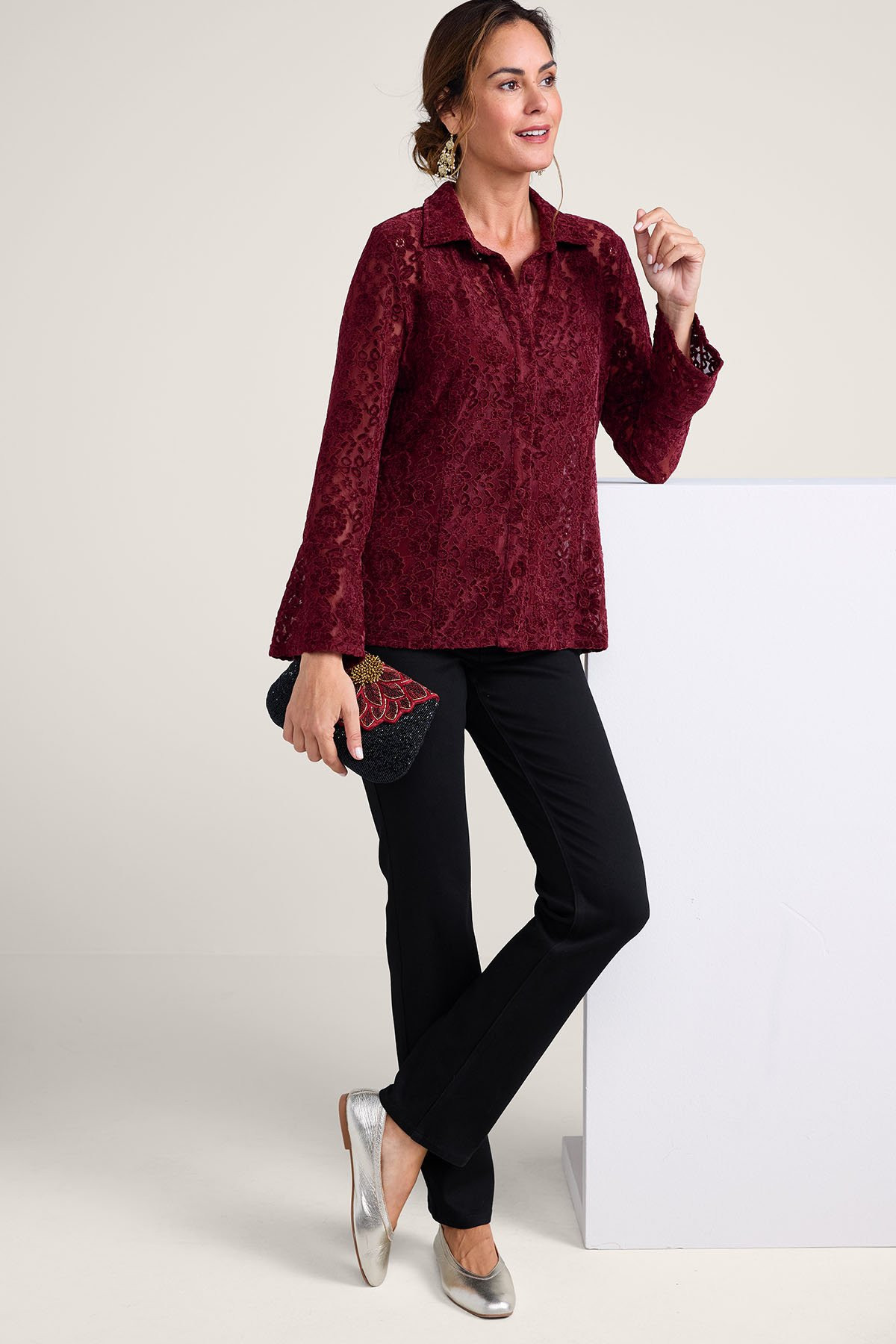 Stretch Lace Btn Front Shirt And Cami - thumbnail 3