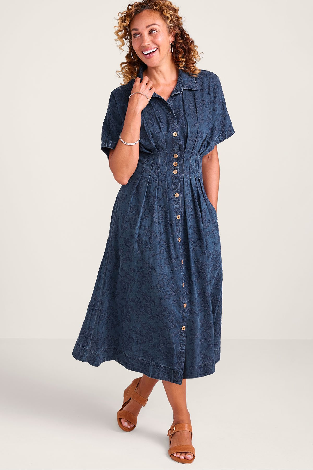Embroidered TENCEL™ SS Midi Shirtdress