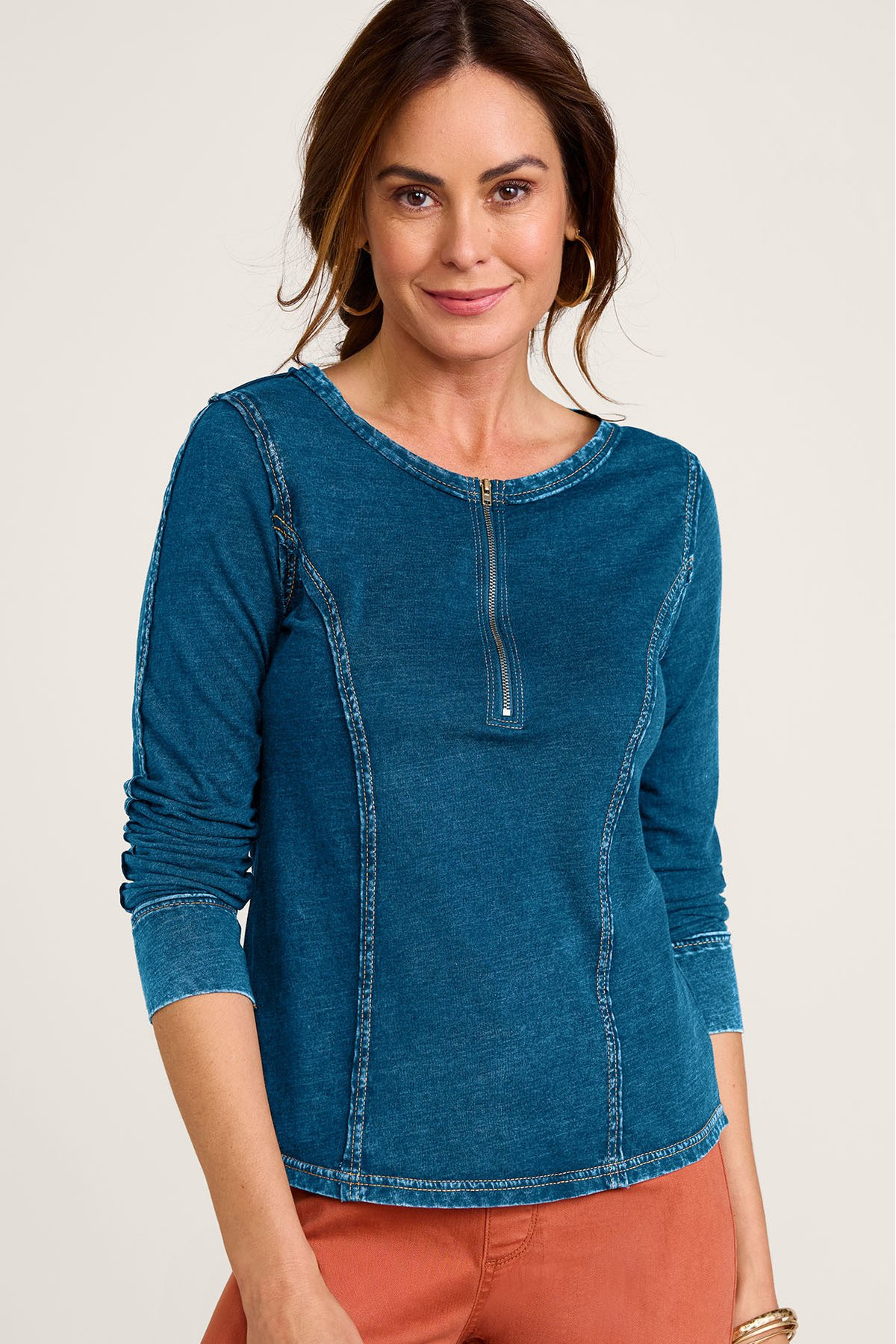 Washed Knit Denim LS Zip Henley Top
