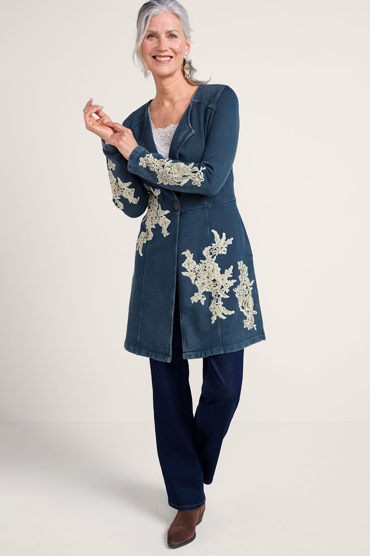 Lace Applique French Terry Knit Jacket