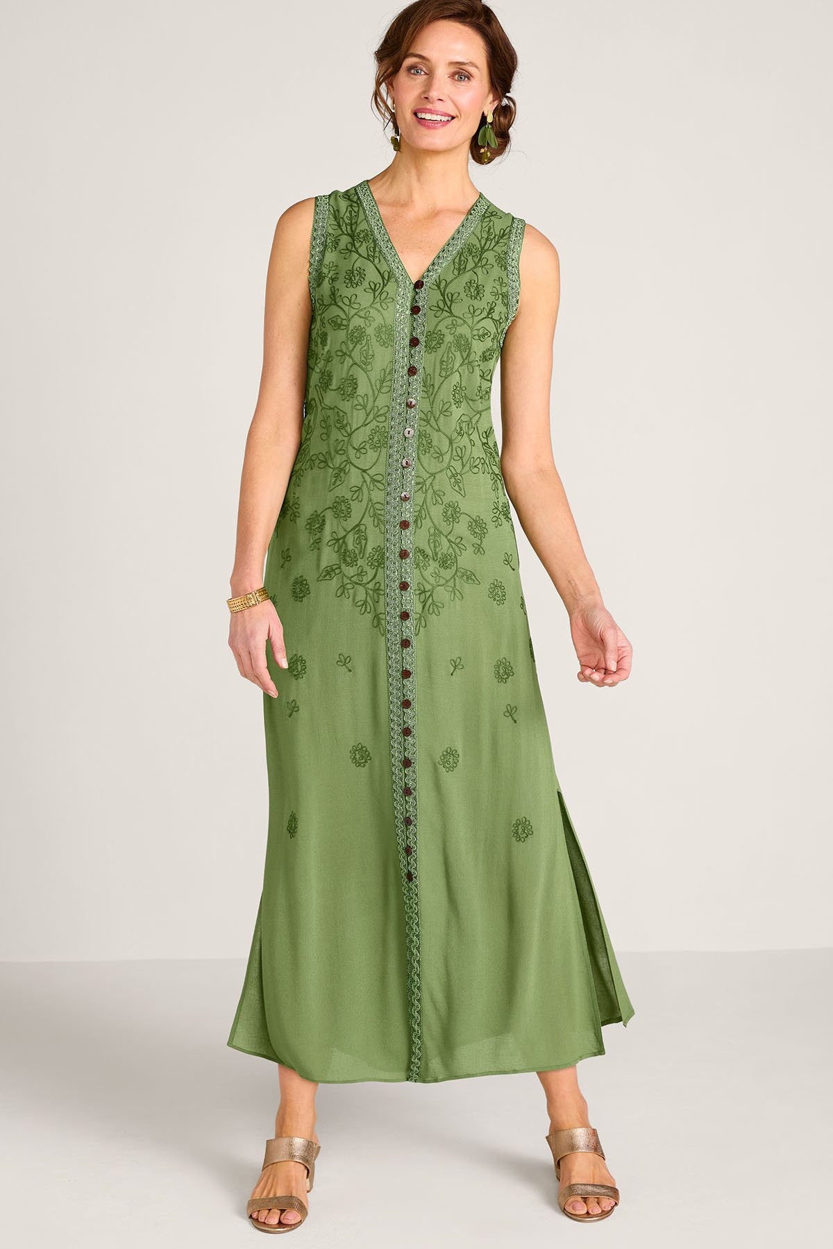 Btn Front Embroidered S/L Maxi Dress