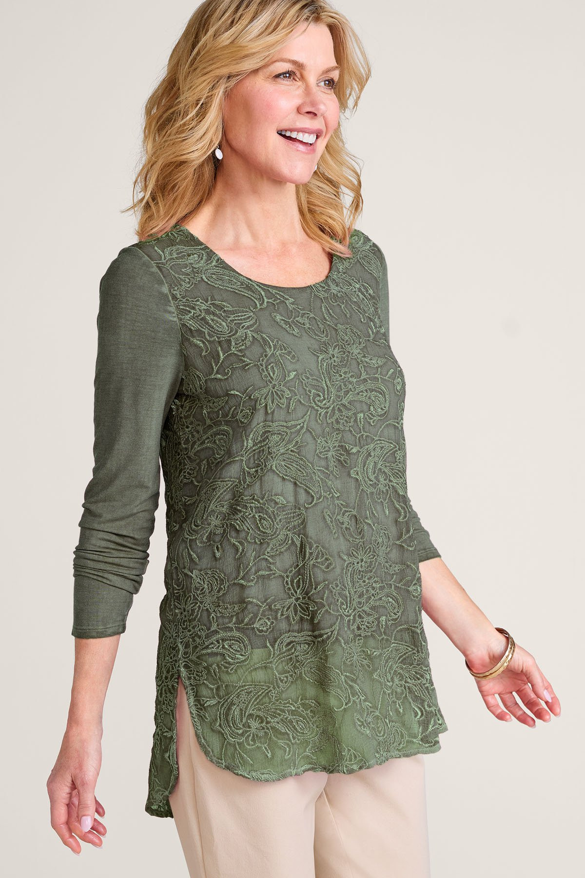 Fleurveil Chiffon And Knit LS Tunic
