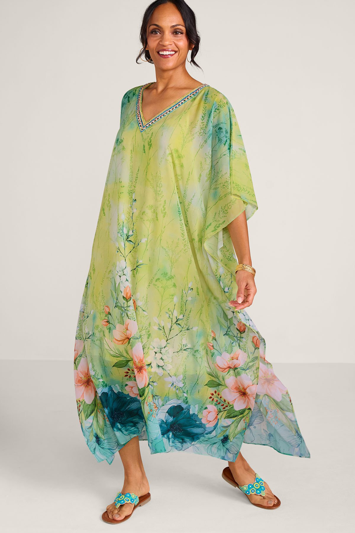 Floral Print 3/4 Slv Chiffon Caftan