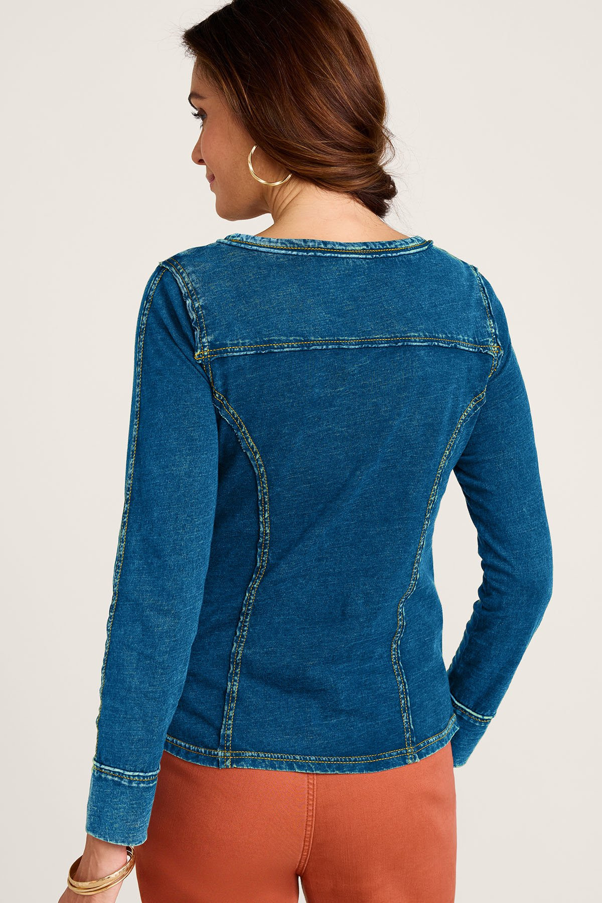 Washed Knit Denim LS Zip Henley Top - thumbnail 4