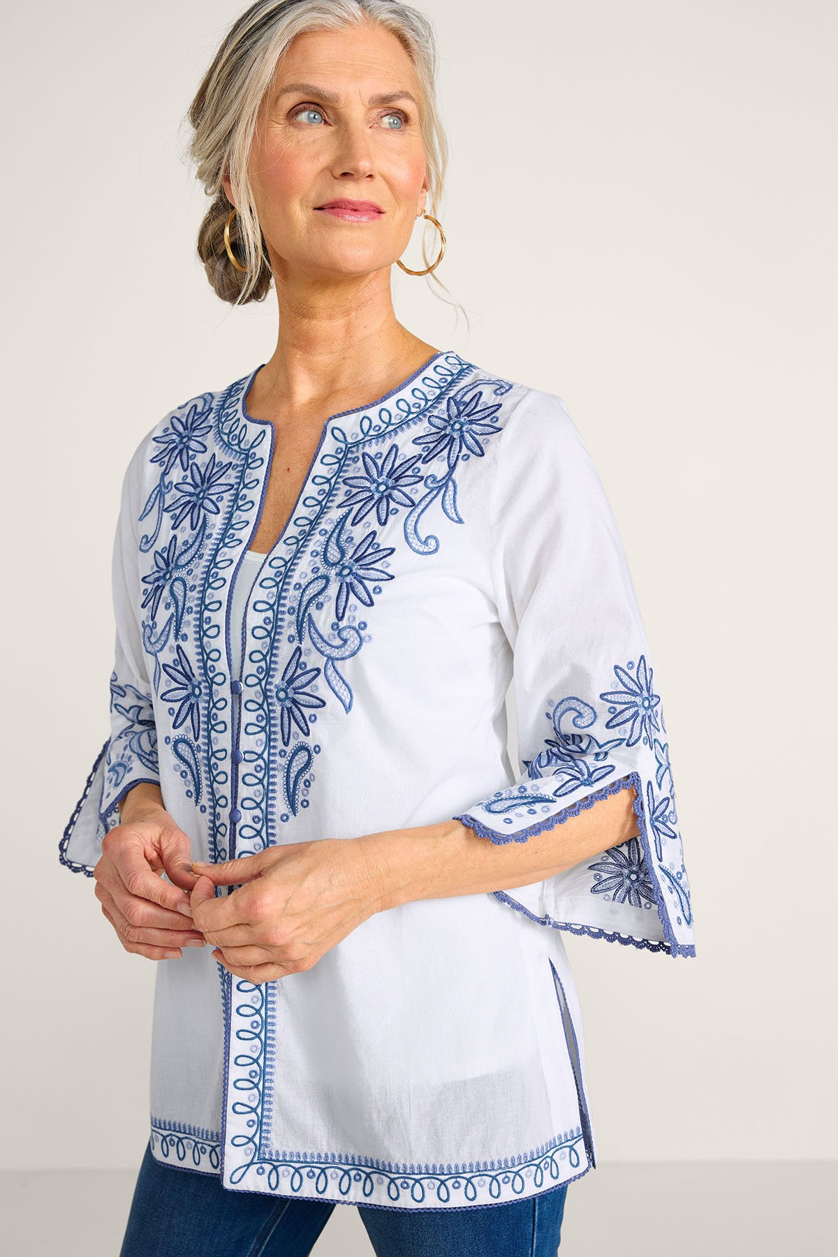 Embroidered Cotton 3/4 Slv Tunic