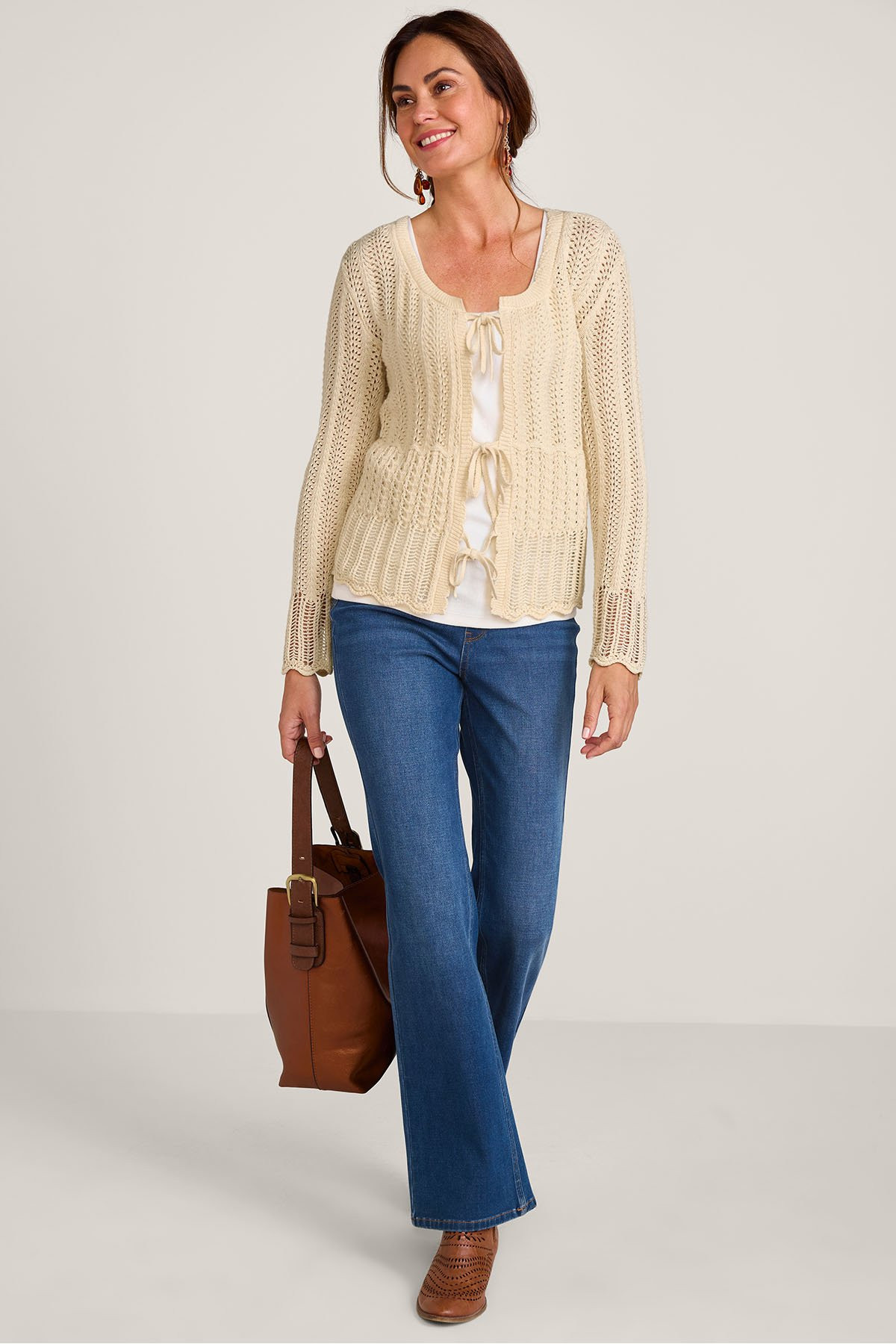 Pointelle Tie Front LS Cardigan - thumbnail 3