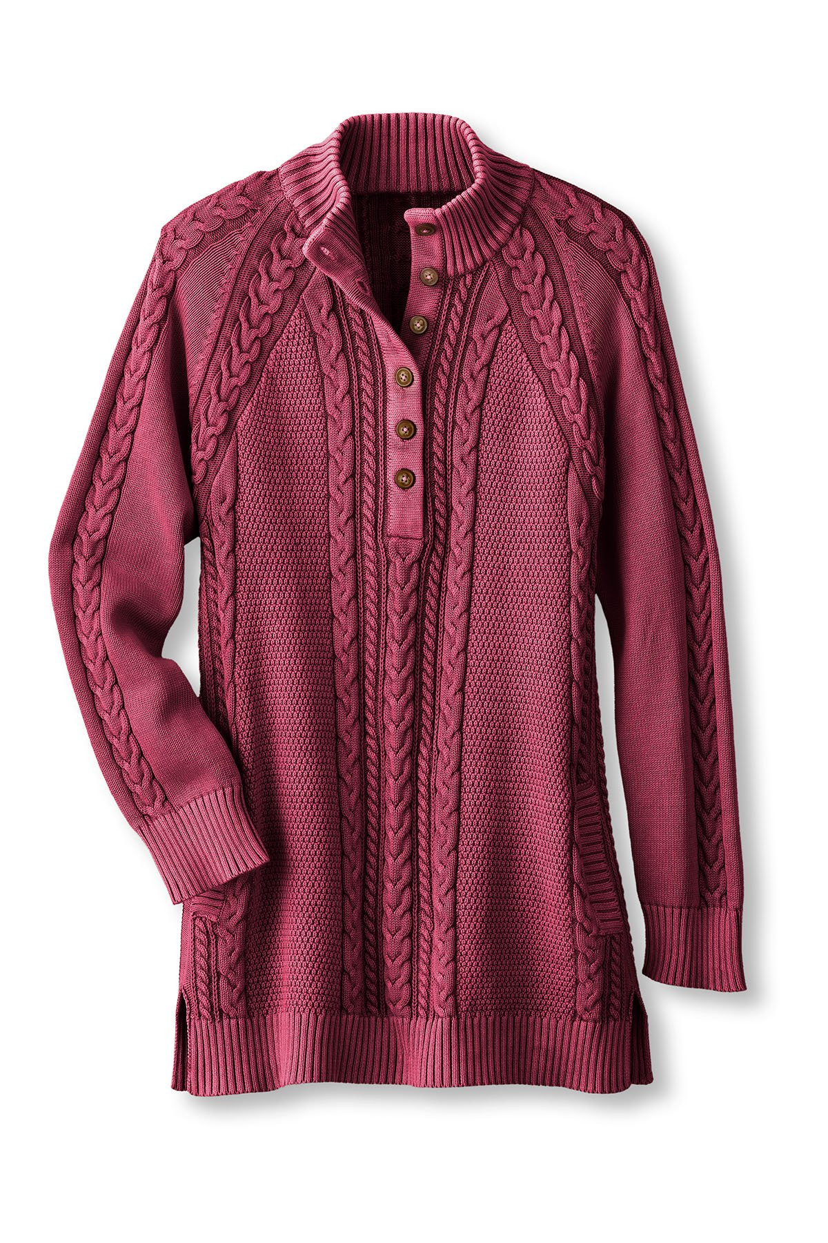 Button Placket Cable Tunic Sweater - thumbnail 2