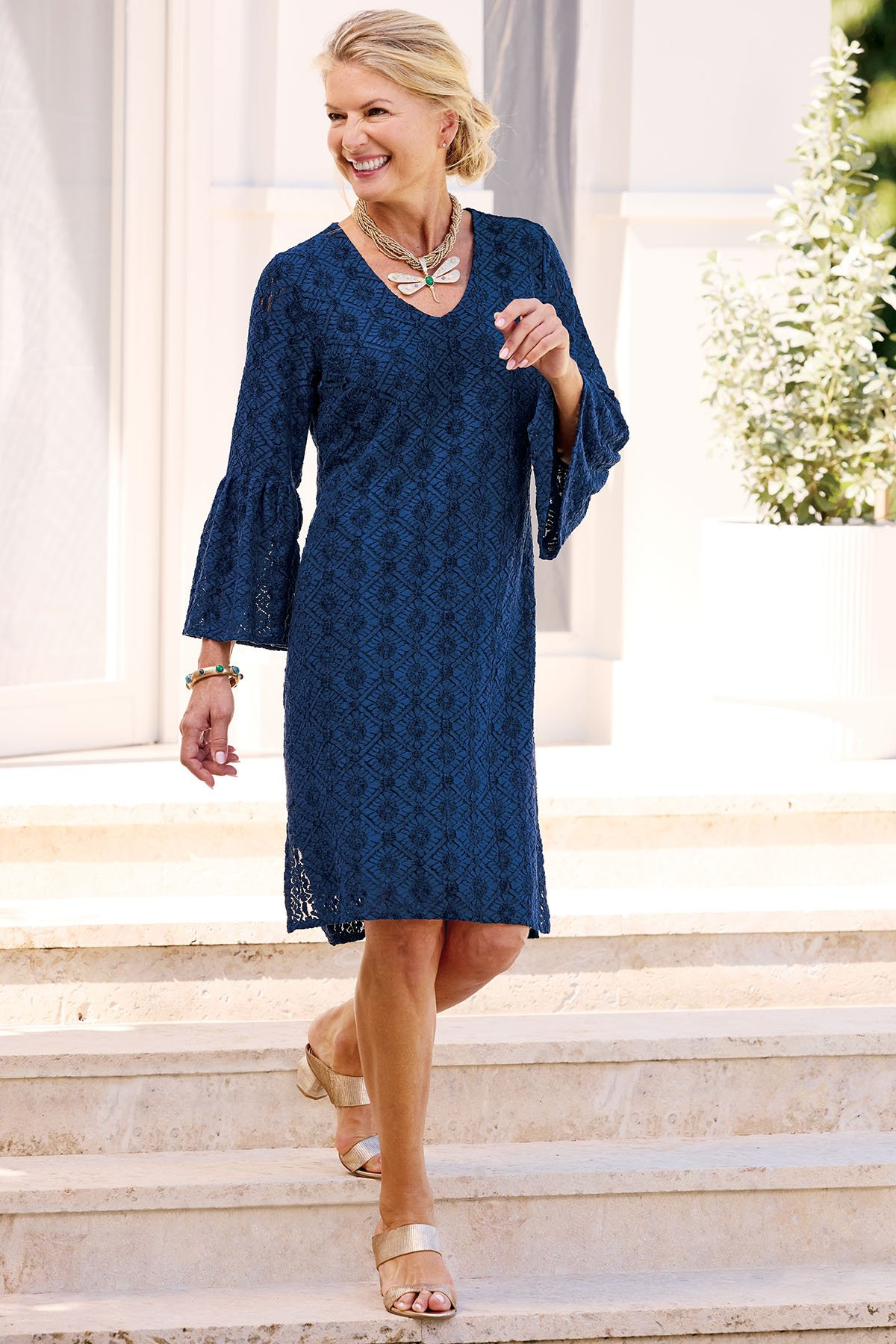 Stretch Lace 3/4 Slv V Neck Short Dress