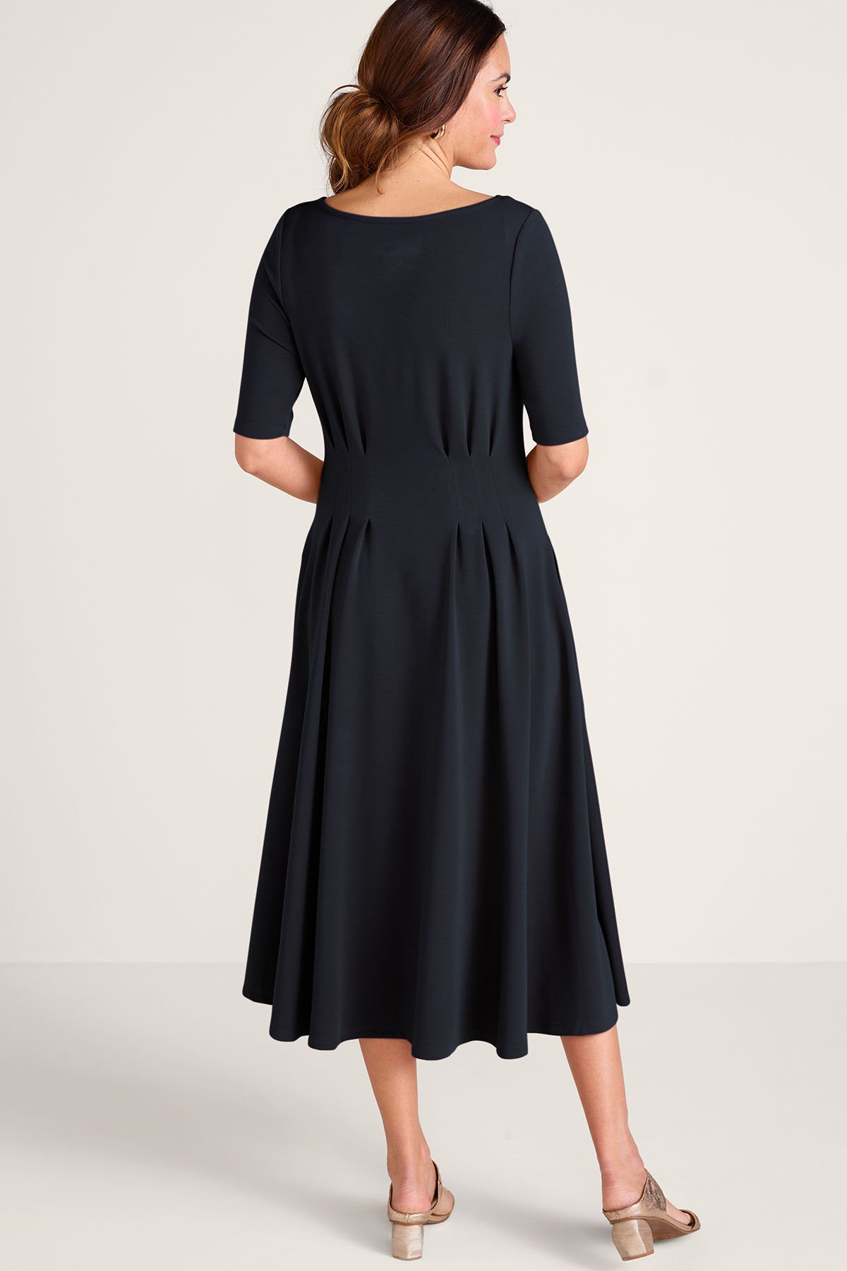 Boatneck Pleated Waist Knit Midi Dress - thumbnail 3