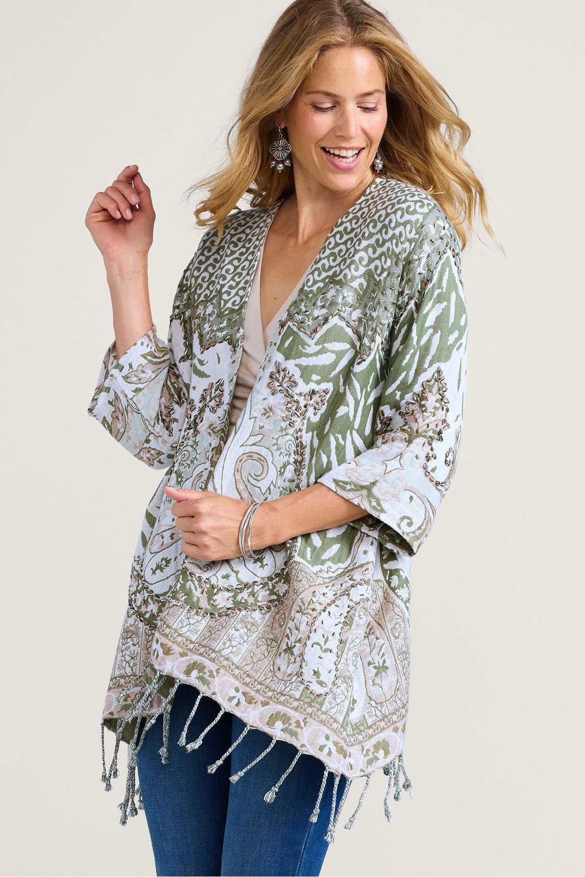 Novelty Jacquard 3/4 Slv Long Topper