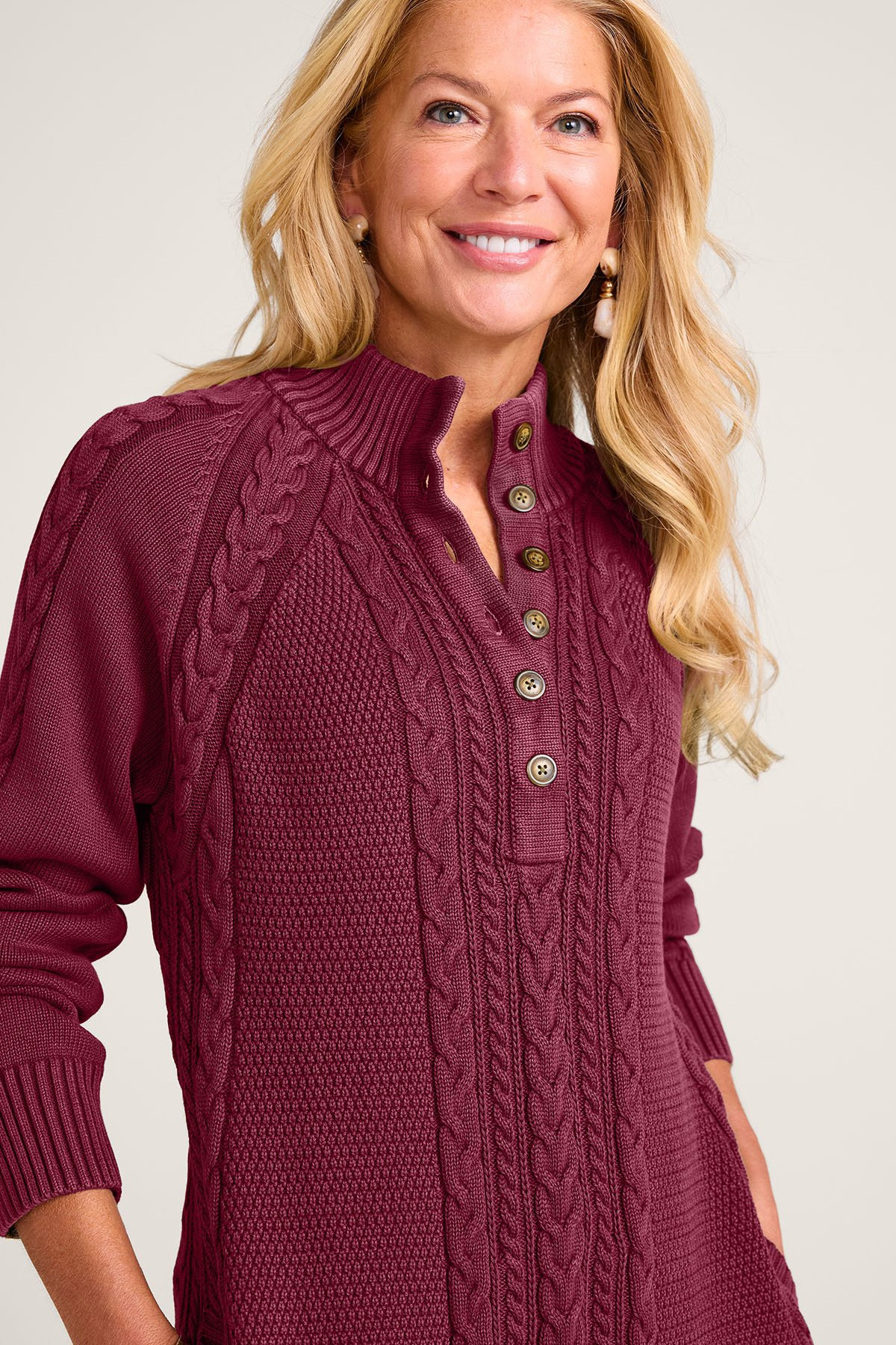 Button Placket Cable Tunic Sweater - thumbnail 5