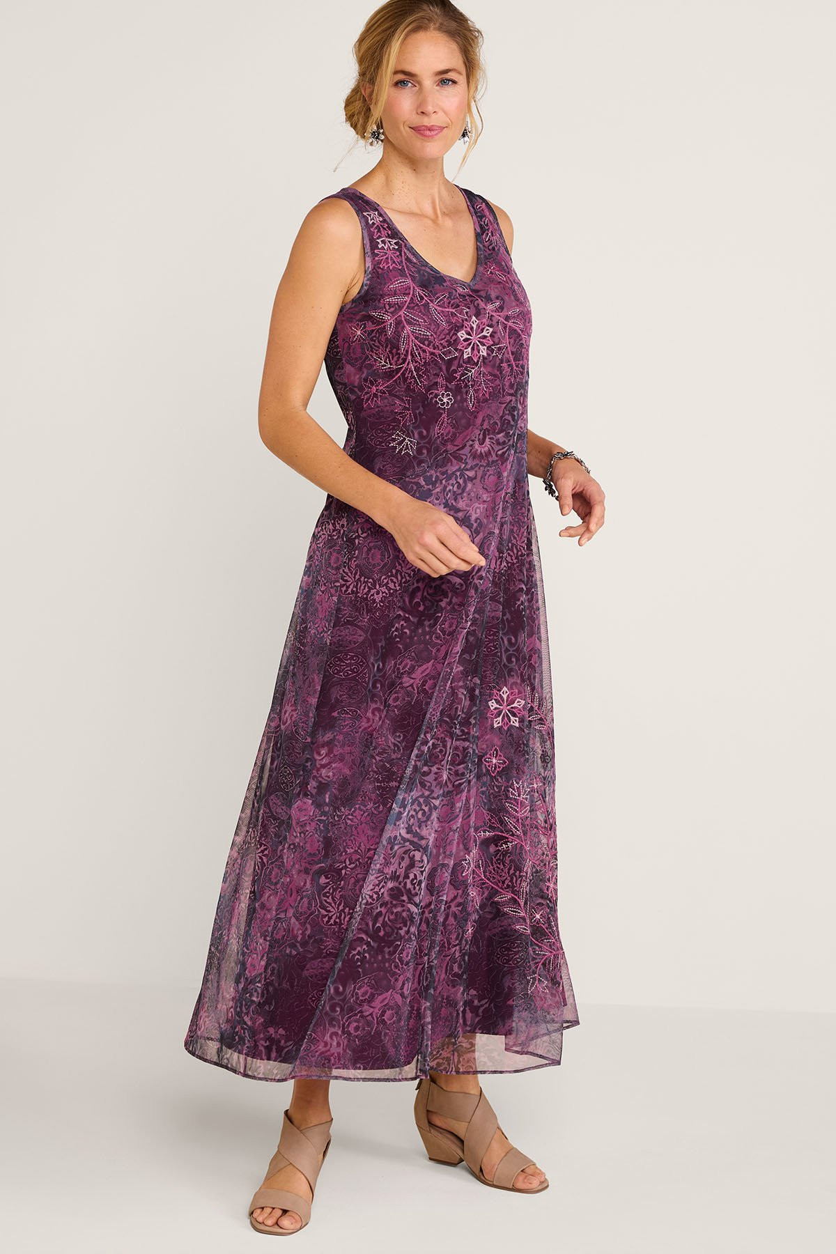 Embroidered Printed Mesh S/L Maxi Dress