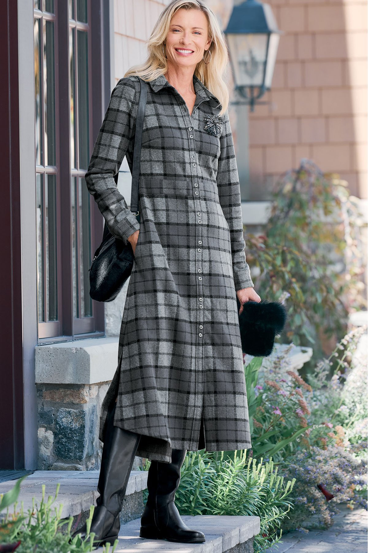 Had Me At Plaid Long Sleeve Knit Shirtdress