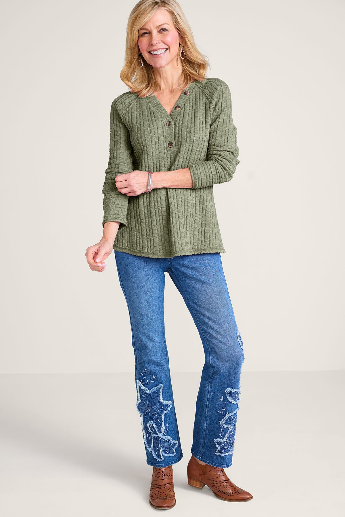 Textured Knit LS Henley Top - thumbnail 2