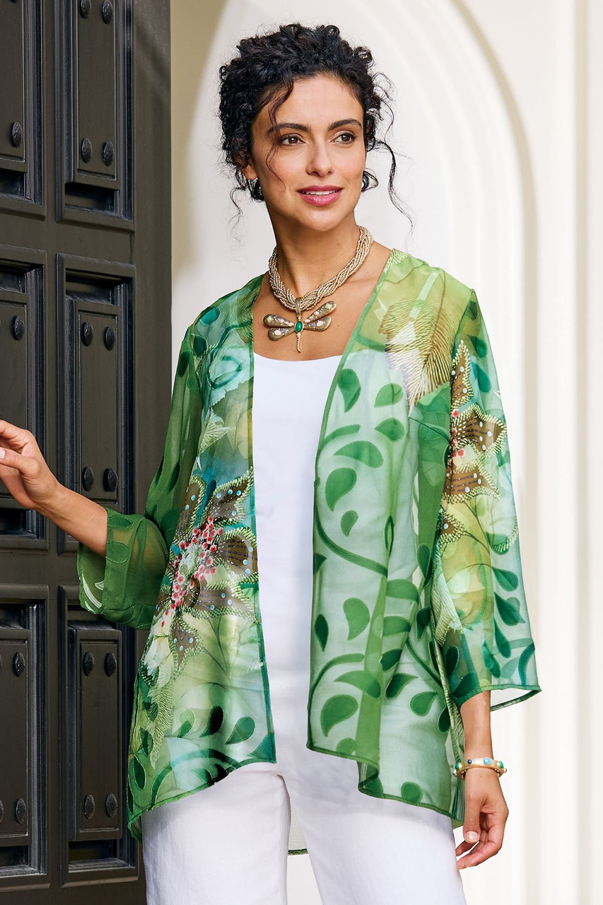 Tropical Chiffon Burnout 3/4 Slv Topper
