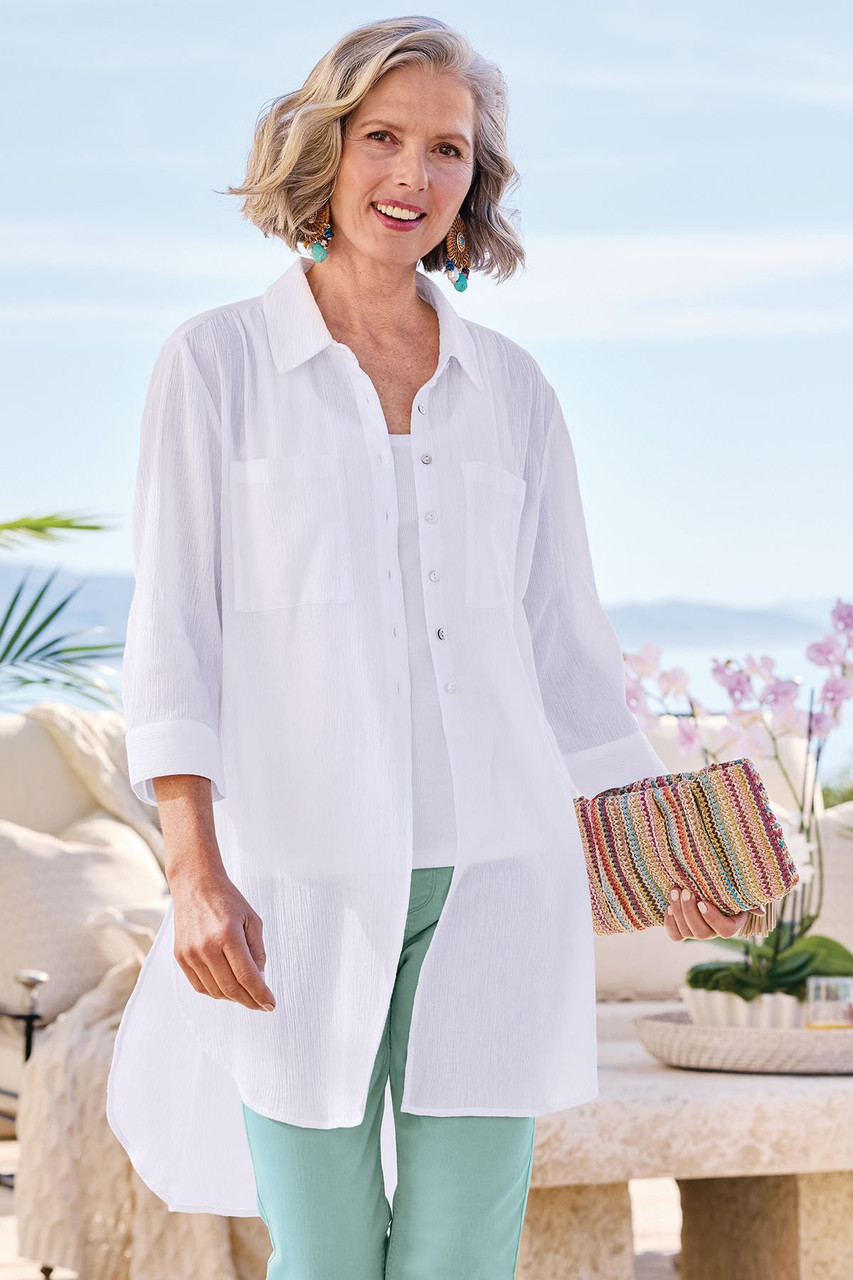 Gauze Btn Front 3/4 Slv Long Tunic