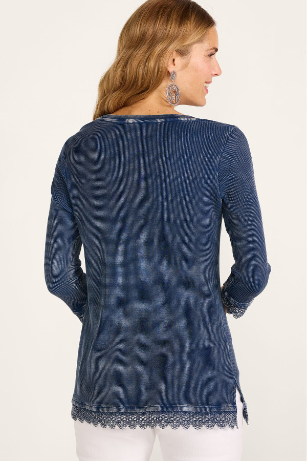 Lace Trim Waffle Knit 3/4 Slv Top