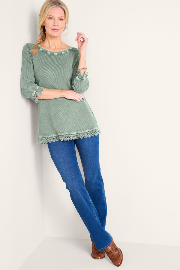 Lace Trim Waffle Knit 3/4 Slv Top