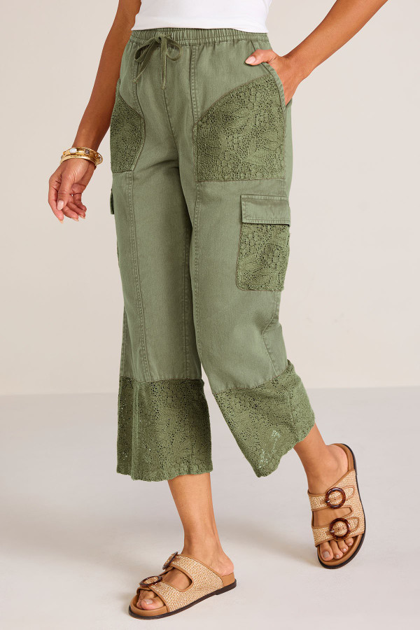 Crochet Trim Wide Leg Pull On Cargo Crops