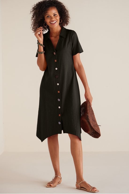 black dress with brown buttons Ariana Dress in Black Linen True Bias