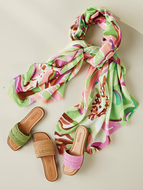 Accessories category image featuring the colorful Kiera Leaf Scar and Seychelles Palms Perfection Woven Slides