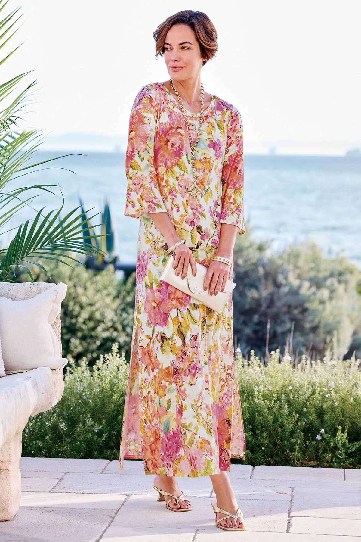 Floral Print 3/4 Slv Knit Maxi Dress Floral Print 3/4 Slv Knit Maxi Dress