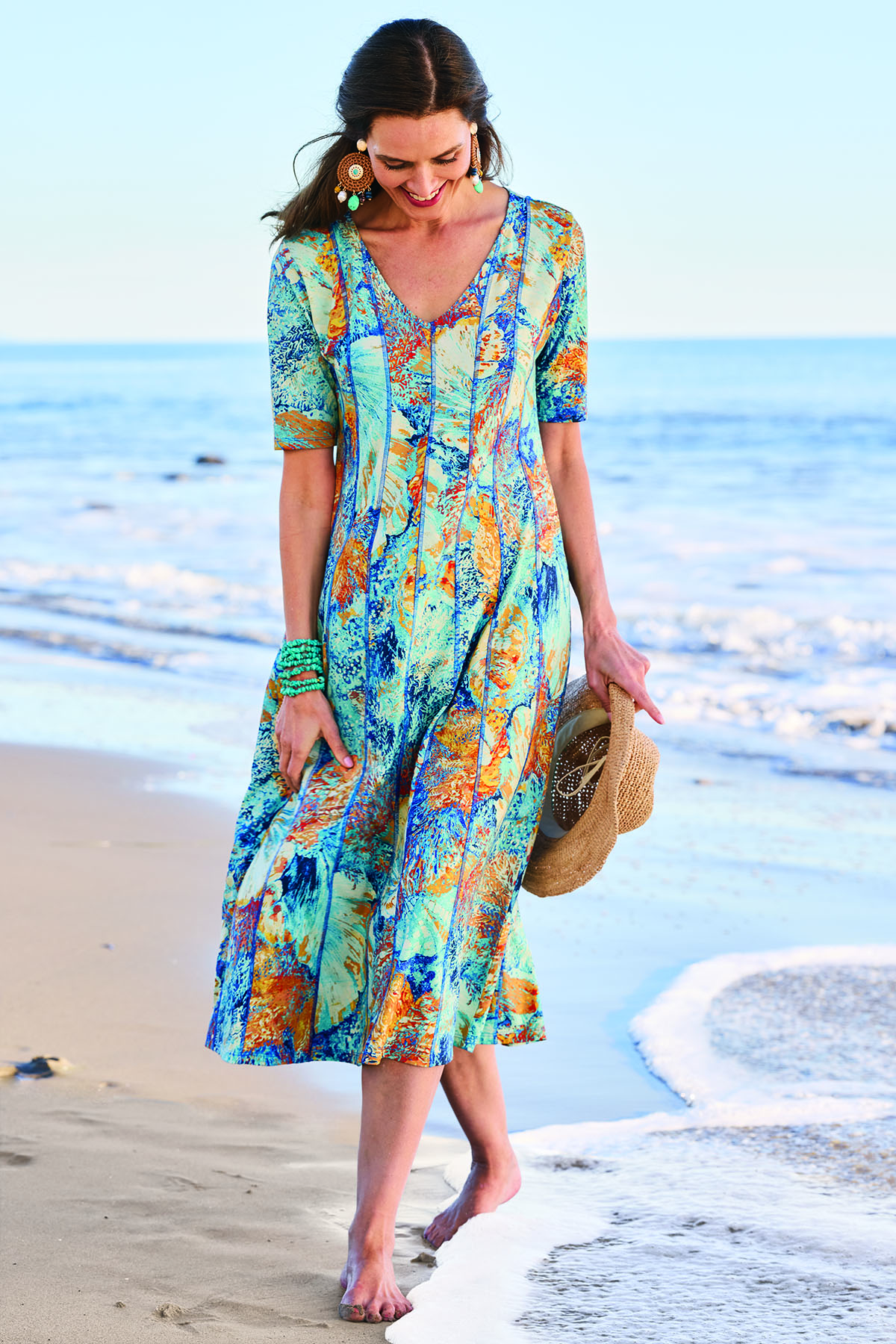 Seaside Cotton Jersey V Neck Midi Dress