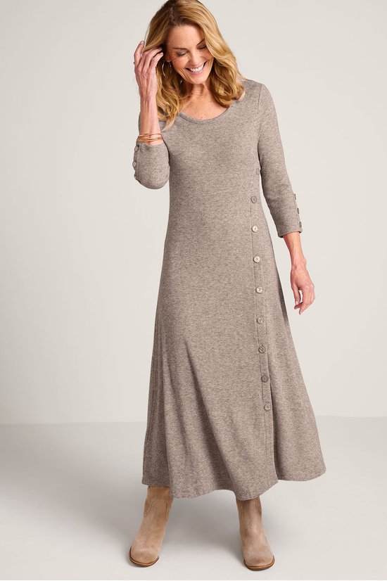 Side Button 3/4 Sleeve Knit Midi Dress