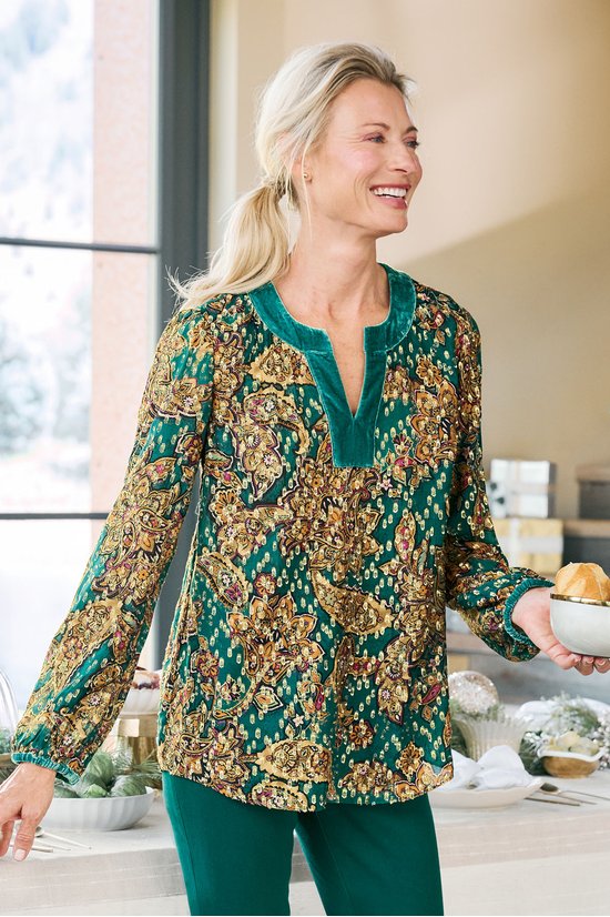 Luce Long Sleeve Velvet Trim Poet Top