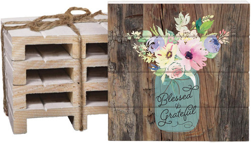 Wood Pallet Coaster - Blessed & Grateful Mason Jar