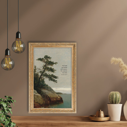 Gold Framed Linen Art - He Leads Me