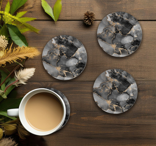 Ceramic Round Coaster Set - Black Marble - 4/pk