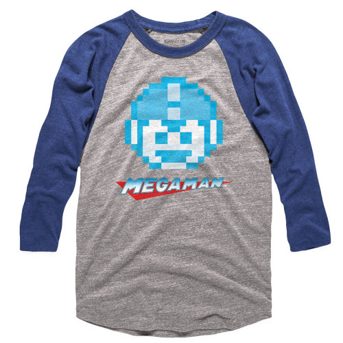 Mega Man Mega Face Gray/Royal Adult Raglan Baseball T-Shirt