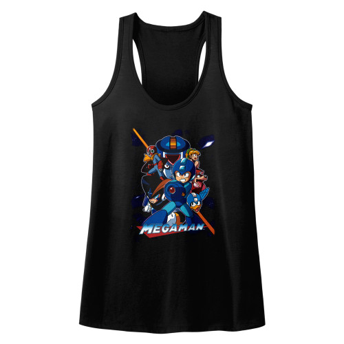 Mega Man Collage Orange Beam Black Junior Women's Racerback Tank Top T-Shirt
