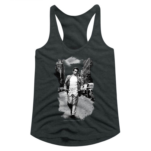 James Dean Street Walk Black And White Dark Gray Heather Junior Women's Racerback Tank Top T-Shirt