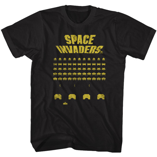 Space Invaders Yellow Print Black Adult T-Shirt