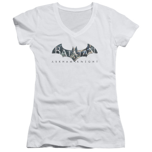 Batman Arkham Knight Descending Logo White Junior Women's V-Neck T-Shirt