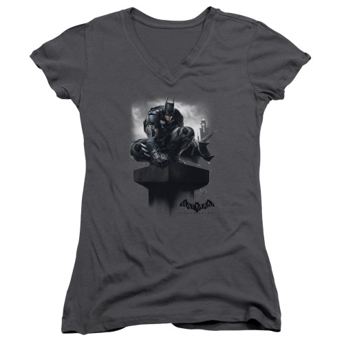 Batman Arkham Knight Perched Charcoal Junior Women's V-Neck T-Shirt