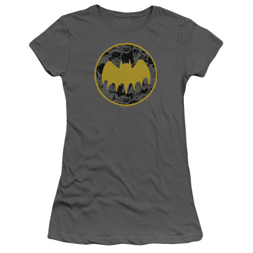 Batman Vintage Symbol Collage Junior Women's Sheer T-Shirt Charcoal