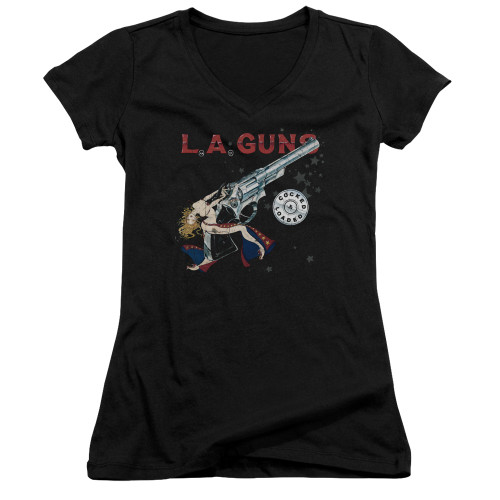L.A. Guns Cocked And Loaded Junior Women's V-Neck T-Shirt Black