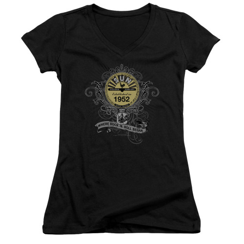 Sun Records Rockin Scrolls Junior Women's V Neck T-Shirt Black
