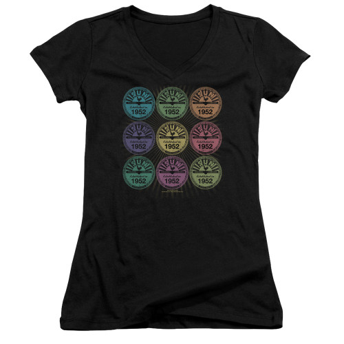 Sun Records Rocking Color Block Junior Women's V Neck T-Shirt Black