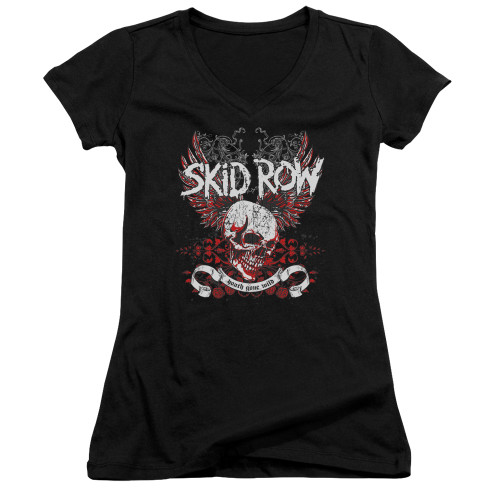 Skid Row Winged Skull Junior Women's T-Shirt V Neck Black